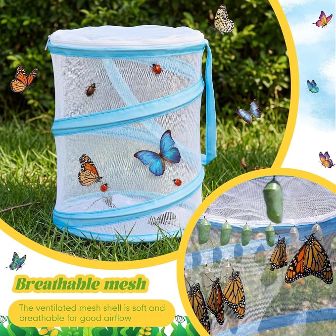 Sherr 10 Pcs Mini Butterfly Habitat Cage Clear Mesh Butterfly Net Cage Container Foldable Terrarium, 6.2x7.1inch (Blue)