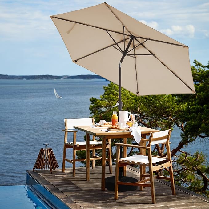JEAREY 7.5FT Patio Umbrella Outdoor Market Umbrella with 6 Sturdy Ribs, Push Button Tilt/Crank Table Umbrella for Garden, Deck, Backyard and Pool, Beige