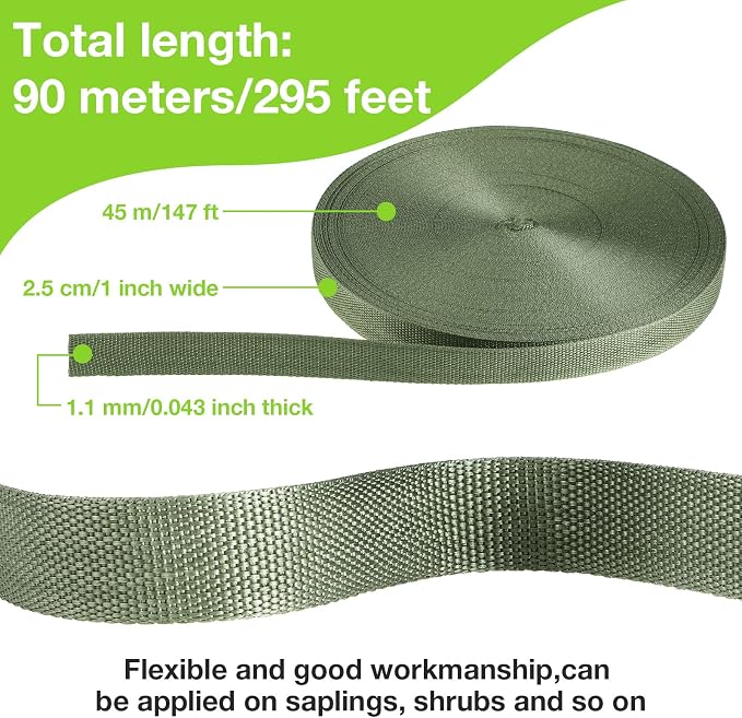 Shappy Tree Tie Strap Garden Webbing Strap Garden Plant Supports Tree Tie Staking and Guying for Outdoor Use, Plant Supports, Grafting, Straightening Supplies(Olivine,295 Feet x 1 Inch)