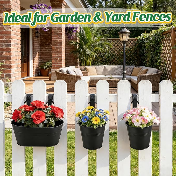 MADHOLLY Railing Planter with Drainage - 10.8" & 5.1" Bucket Pots for Balcony Railing, Metal Iron Hanging Flower Pots for Herb Planter Outdoor Deck & Rail Decor with Hook, Black (3Pcs)