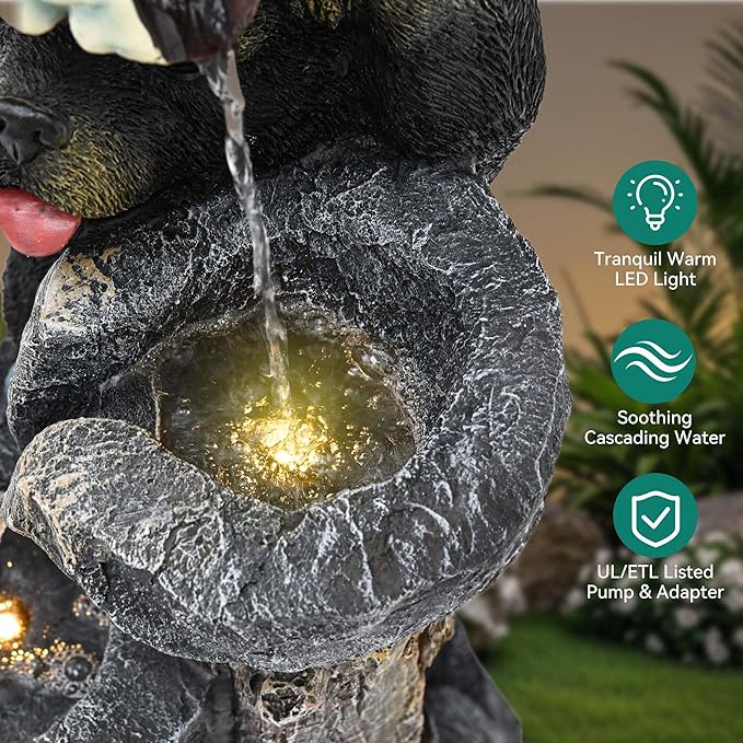 37.5" H Resin Playful Twin Bear Fountain Outdoor, Whimsical Multi-Tiered Stone Vessel Water Feature Outdoor with Lights, Soothing Cascading Waterfall for Patio, Backyard, Garden or Porch