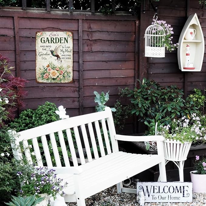 Garden Signs Hummingbird Floral Gardening Tin Signs Outdoor Funny Signs "And Into The Garden I Go To Lose My Mind And Find My Soul" for Home Garden Patio Fence Yard Decor 8 X 12 Inch