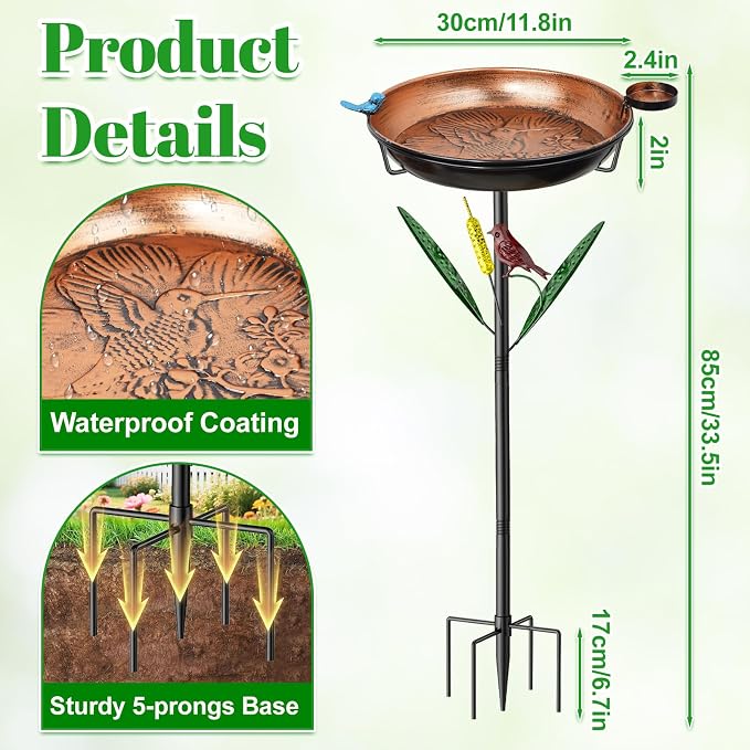2-in-1 Bird Baths for Outside, 11.8" W Metal Bird Feeder Water Bowl with 5 Prongs Base, 33.5" Vintage Freestanding Garden Birdbaths for Outdoors Patio Yard Lawn Art Decor