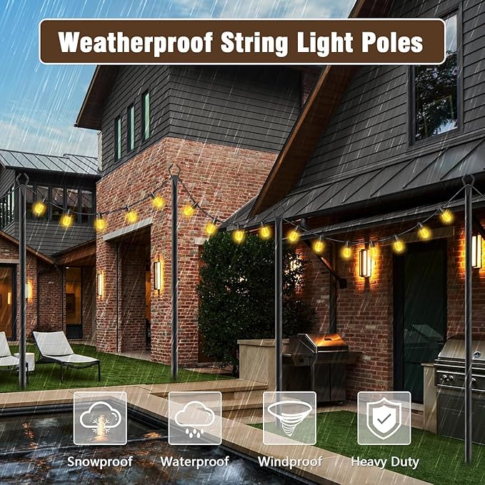 AILBTON 2 Pack 10Ft Exterior Light Poles, Heavy-Duty Metal Outdoor String Light Posts with Mounting Brackets, Ideal for Garden, Backyard, Terrace and Yard Lighting Decor