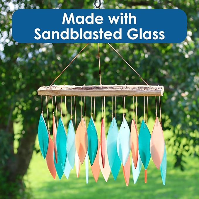 Blue Handworks Coral and Teal Glass & Driftwood Chime, Sandblasted Glass and Found Wood Handcrafted Wind Chime