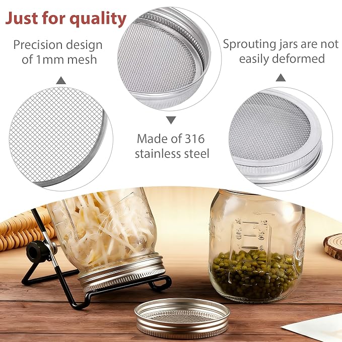 6 Pack Sprout Lids for Mason Jars Kit 316 Stainless Steel – 86mm Wide Mouth With 9 Mesh Filters & 4 Adjustable Stands – Easy Swap for Organic Broccoli, Alfalfa, Mung Bean Sprouts