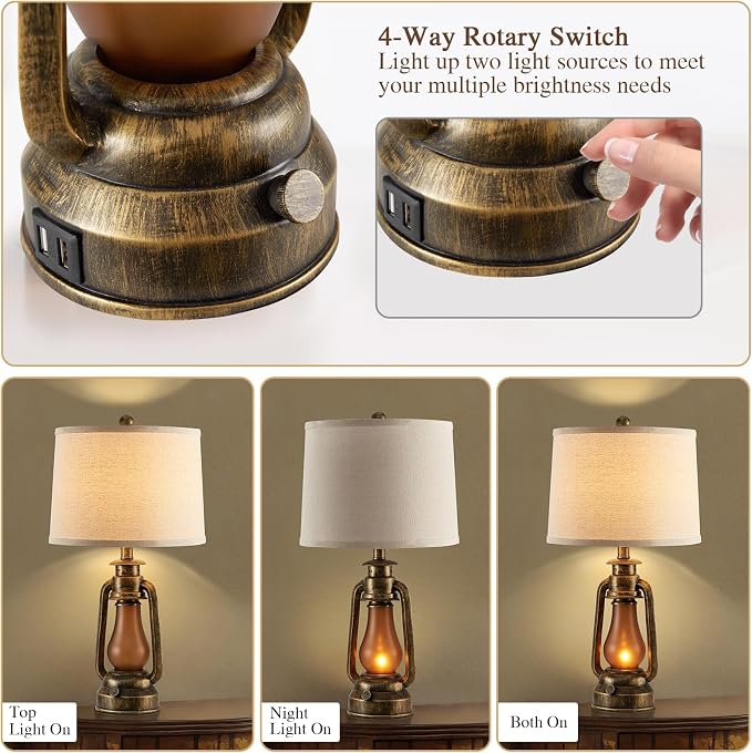 25" Set of 2 Rustic Lantern Table Lamps for Living Room Bedroom, 2 USB Ports Farmhouse Vintage Bedside Desk Lamp Nightlight for Entryway Office End Table, 4 Bulbs Included