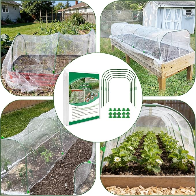 Garden Netting Kit for Raised Beds, Ultra Fine Garden Mesh Netting 8x20ft & 5 Sets Garden Hoops with Clips, Row Cover Net Protection Plant Covers Set for Greenhouse Vegetable Fruits Flowers Barrier