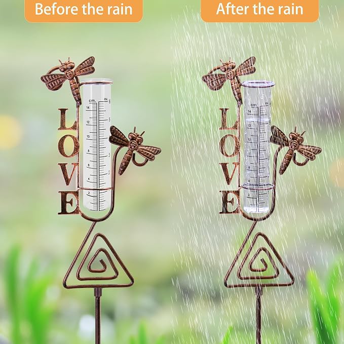 Rain Gauge Outdoor, coppery Dragonfly Rain Gauge for Measuring Precipitation, Garden Decoration (Dragonfly)