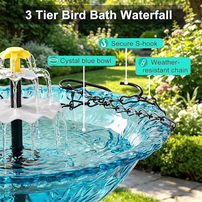Solar Powered Water Fountain Hanging Bird Bath with Solar Fountain Solar Powered Cascading Water Fountain,3 Tier Solar Pump for Bird Bath Small Water Garden Fountain Water Feature