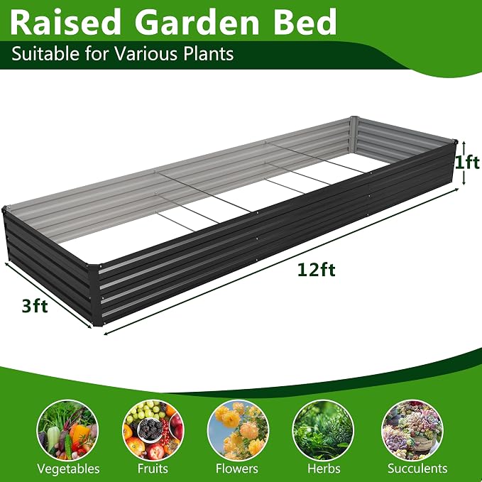 2PCS 12x3x1ft Galvanized Raised Garden Bed Kit,Metal Planter Box for Vegetables,Flowers,Herbs Durable Rust-Resistant Patio Gardening Beds,Black