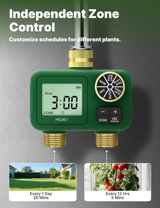 MOES 2 Zone Water Timer for Garden Hose, 3/4 in Brass Inlet and Outlets, Battery Operated Sprinkler Timer, Dual Outlet Faucet Valve, Rain Delay, Manual Watering, Non-WiFi