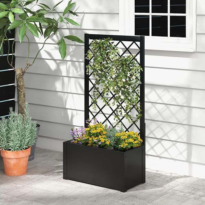 Giantex 44" Metal Raised Garden Bed with Trellis, Elevated Vertical Planter with Garden Trellis for Vine Plant Flower Climbing, Indoor & Outdoor Use Plant Box for Yard Garden Balcony