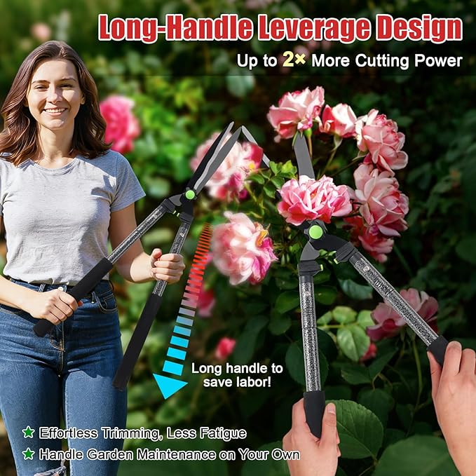 Sharp Hedge Clippers Shears Clean Cuts - 2×Leverage Long Handles for Effortless Trimming,Teflon Coated Anti-Slip Cutting Wavy Blades,Lightweight Hedges Shears for Gardening Yard Shaping Shrubs Bush