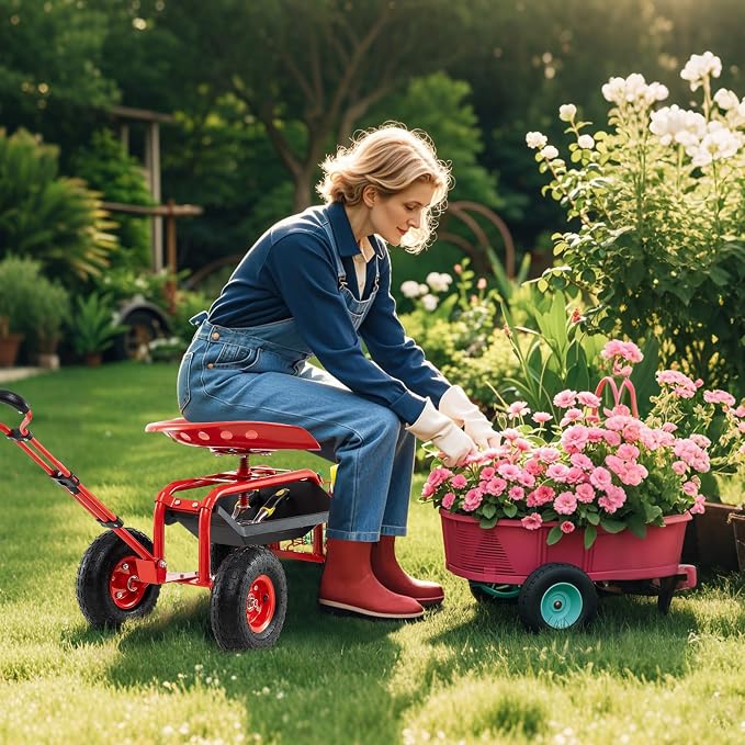 IRONMAX Garden Cart with Seat, Gardening Rolling Stool Scooter with 10’’ All-Terrain Wheels, Adjustable Steering Handle, Tool Tray and Basket, Outdoor Work Seat for Planting (Red)