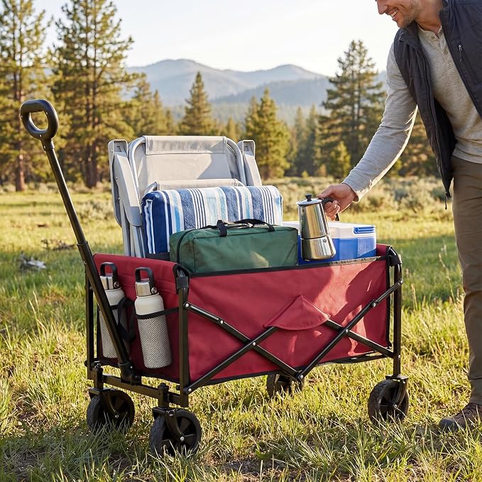 OLIXIS Collapsible Wagon 67L Compact Lightweight Utility Folding Wagon Cart with Wheels – 220 lbs Weight Capacity, Flexible Handle for Beach, Grocery, Camping, Shopping, Sports & Garden, Red