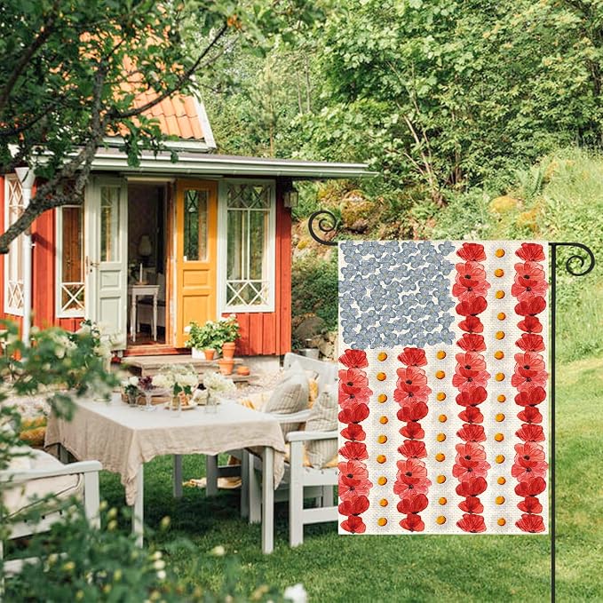 AVOIN colorlife Myosotis Poppy Memorial Day Garden Flag 12x18 Inch Double Sided Outside, Patriotic American Flag Yard Outdoor Decoration