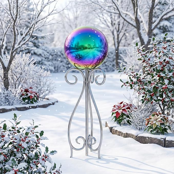 12 inch Diameter Gazing Ball,Rainbow Stainless Steel Polished Reflective Smooth Garden Sphere Globe Mirror,Colorful and Shiny Addition to Any Garden or Home