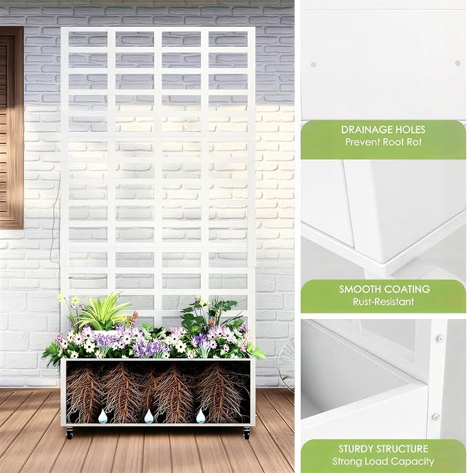 Metal Planter Box with Trellis for Climbing Plants, 74.8"x35.83"x15.16" Raised Garden Bed with Privacy Screen, Outdoor Planter with Drainage Holes, White