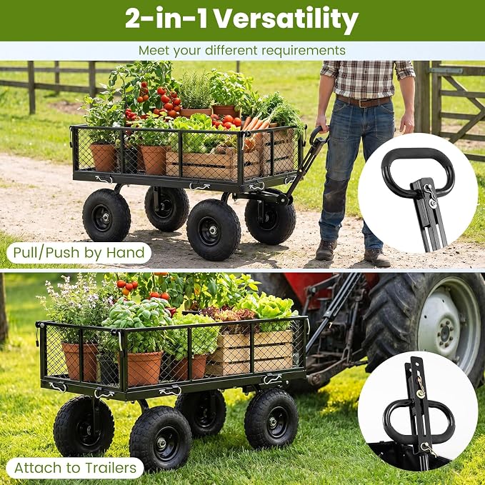 Goplus 880lbs Heavy Duty Garden Cart, Metal Utility Wagon Cart with Removable Oxford Cloth Liner & Mesh Sides, 10" Pneumatic Tires, 180° Rotating Handle for Yard, Lawn