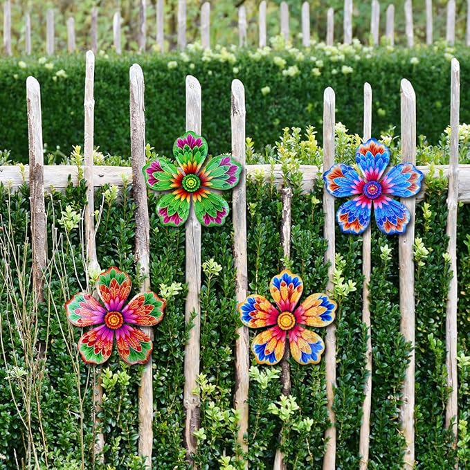 Giyyomtr Metal Flowers Wall Decor - 4pcs 6.2'' Metal Wall Art Hanging Decorations for Outdoor Fence Garden Yard Patio Exterior Wall Decor