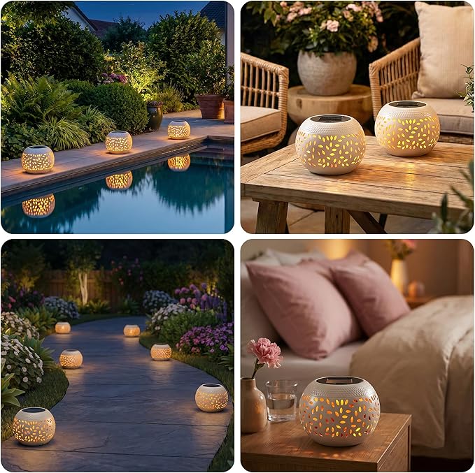 Solar Table Lantern Outdoor Waterproof- Dancing Flickering Flame Solar Powered LED Light,White Metal Desktop Decorative Lamp for Gifts for Women Mom,Desk Patio Garden Yard