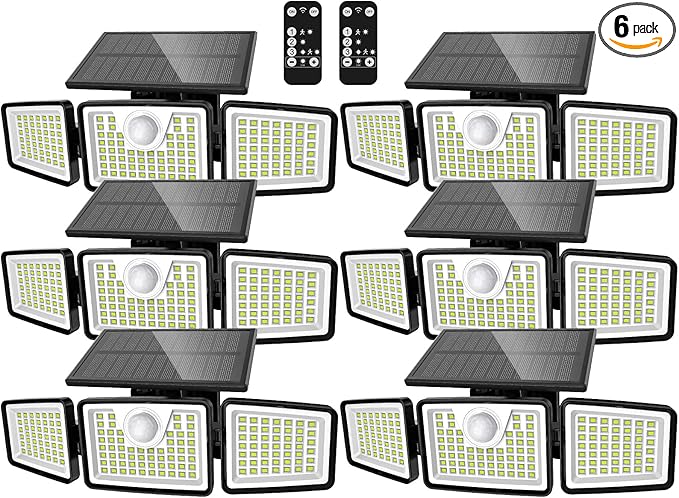 daphino 2500LM Solar Lights Outdoor with Motion Sensor,3 Head 270° Wide Angle Street Area Lights,IP65 Waterproof Security Lighting with 3 Modes(Remote,6 Pcs)