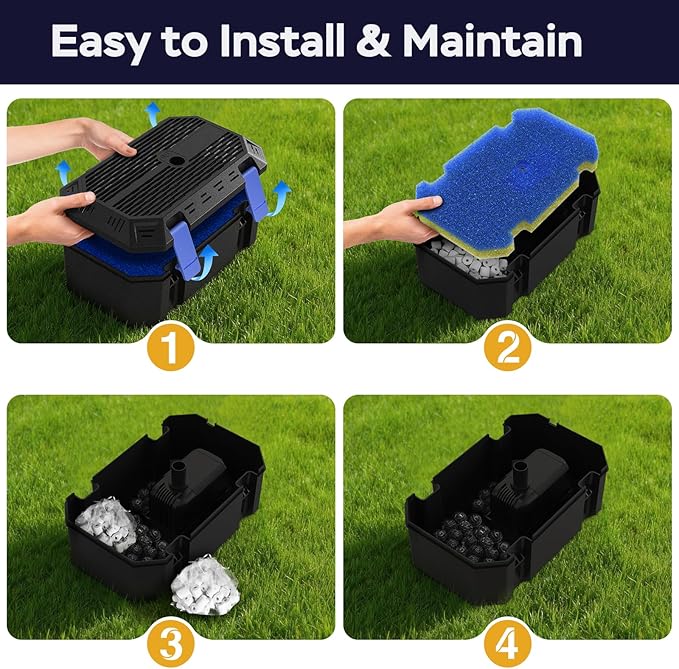 Pond Filter Pump with 4-Stage Filtration System | 35W 550GPH Submersible Pond Pump | Pond Filter Box for 350-500 Gal Outdoor Koi Fish Pond, Garden, Fountain, Waterfall & Water Feature