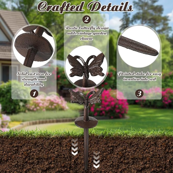 5 Pcs Garden Hose Guide Stake Bulk 9.45'' Rusty Butterflies Garden Hose Guide Spike Rust Decorative Cast Iron Stakes Heavy Duty Metal Outdoor Saver Tools for Lawn Yard Patio