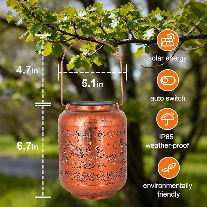 Birthday Gifts for Women Mom Grandma - Butterfly Solar Lanterns Outdoor Waterproof Copper Metal Hanging Solar Lights for Yard Garden Ornament Decor Gardening Gifts for Her