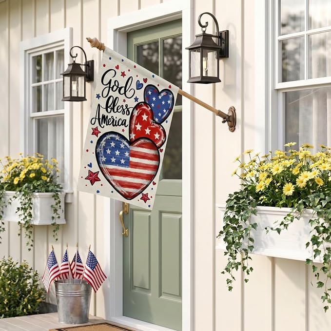 CROWNED BEAUTY 4th of July Patriotic Hearts House Flag Large 28x40 Inch Double Sided God Bless America for Independence Day Outside Yard Decor