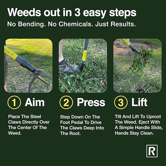 Rocklin Stand Up Weed Puller Tool Long Handle 48” | No Bending or Kneeling | 4-Claw Steel Head, Heavy Duty Dandelion Root Extractor & Weed Remover for Lawn for Dad, Husband & Men