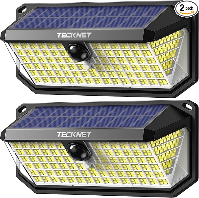 TECKNET 416 LED Solar Lights Outdoor Waterproof, 4200lm 300° Angle & 3 Lighting Modes Motion Sensor Outdoor Lights,2 Pack Solar Powered Flood Wall Lights for Home Patio Fence Yard Deck Garage Street