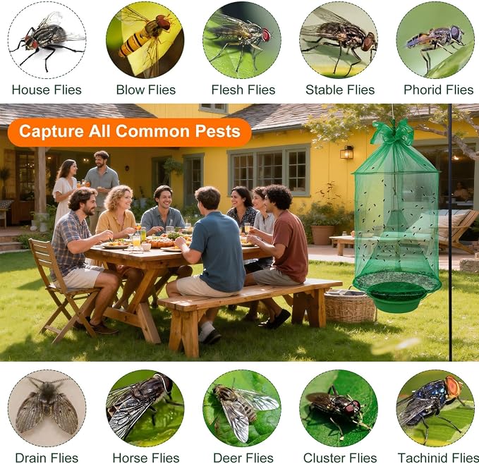 4 Pack Reusable Fly Traps Outdoor Hanging, Ranch Fly Traps with Food Bait Tray, Fly Catcher Cage for Indoor or Outdoor Family Farms, Park