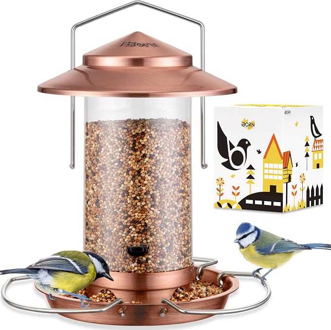 iBorn Bird Feeder Metal Squirrel Chew-Proof Bird Feeders for Outdoors Hanging Outside for Cardinal, Holds 1.32LB Seed with 3 Perchs, Brushed Copper (Seed is not Included)