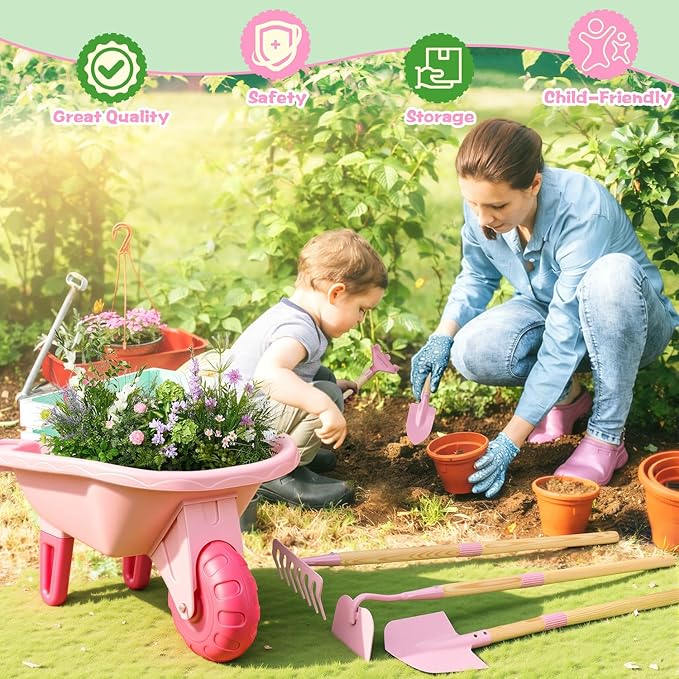 Kids Gardening Tools Set with Wheelbarrow, Wooden & Metal Outdoor Gardening Toys for Summer Outdoor Yard Digging & Weeding, Easter Birthday Gifts for Boys Girls Age 3+ Years (Pink)