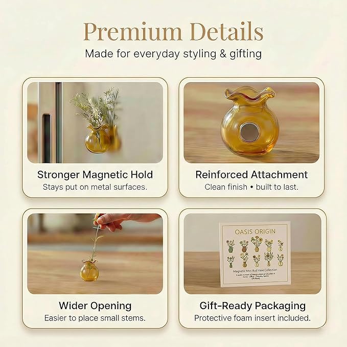 10-Pack Magnetic Mini Glass Vases Set with 30+ Flowers - Strong Magnet Decor for Fridge, Locker and Office - Small for Mom and Women
