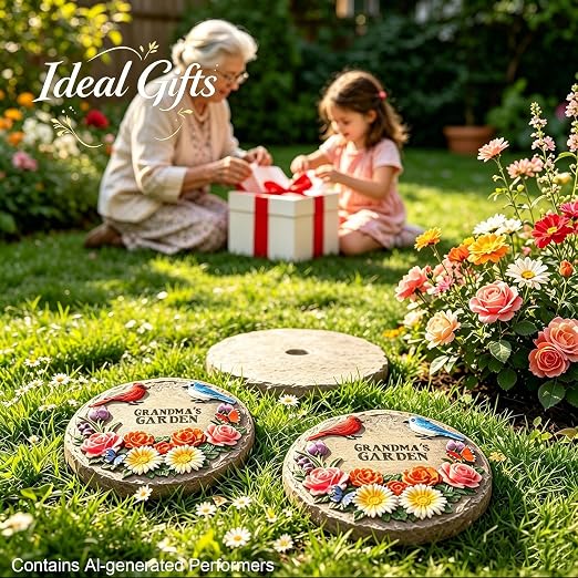 Grandma's Garden Stepping Stones for Mother's Day with Cardinal Robin Birds Flowers Butterflies, Round Resin Stepping Stones for Garden Yard Walkway Patio Grandma Gifts Birthday Retirement