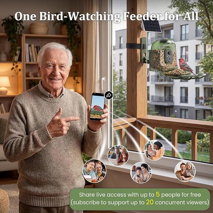HIXX Smart Bird Feeder with Camera, Auto Capture 2.5K Video, AI Bird Identification, No Mess Seed Guard, Solar Powered Night Light, Live Birdwatching Camera for Dad, Grandpa, Birdlovers