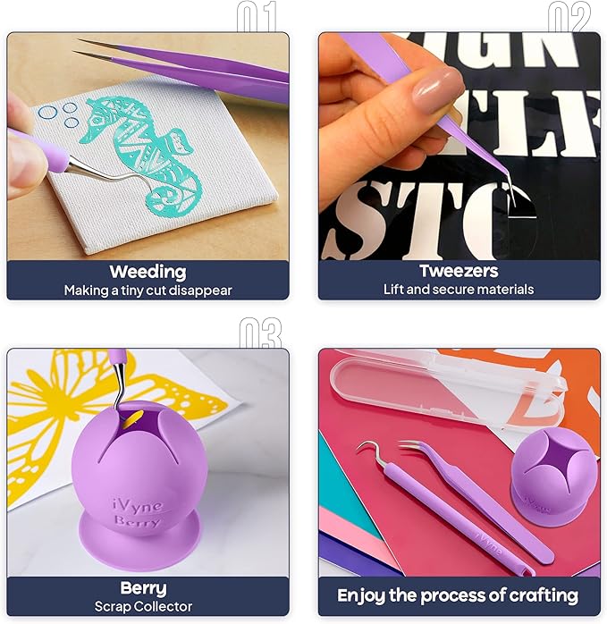 iVyne Berry and Silicone Weeding Tools - Suction Vinyl Weeder, Craft Tweezer, Scrap Collector Holder, Storage for Cricut, Silhouette Accessories - Purple