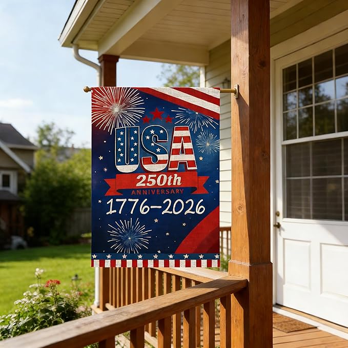 250 Anniversary Usa Garden Flags for Outside, 250 Anniversary USA Flag with Fireworks Design, 1776-2026 Patriotic 4th of July Decorations Yard Sign Double-Sided Waterproof House Flag 28x40 Inch 250 Year American Flag