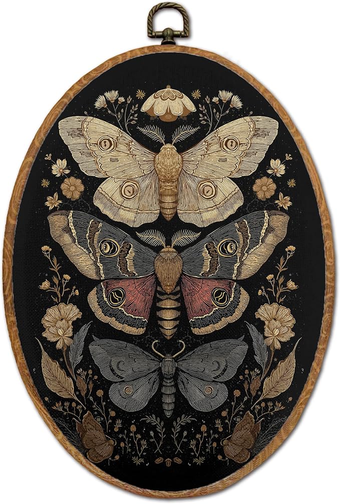 DOFQZ Dark Academia Butterfly Round Wall Art Decor, Vintage Moody Butterfly Framed Wall Art, Dark Cottagecore Flower Moth Canvas Wall Hanging Decor for Home Bedroom Living Room, 8.6x11.4