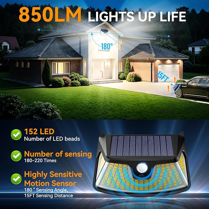 152LED Solar Motion Light Outdoor, 850LM Super Bright 3-Mode Motion Sensor Light, IP65 Waterproof, 270° Wide-Angle Security Light, Solar Powered Flood Lamp for Garden, Wall, Fence, and Garage (6 Pack)