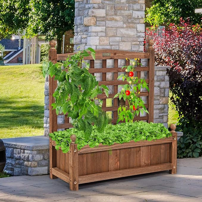 Giantex Wood Planter Free Standing Plant Raised Bed with Trellis for Garden or Yard (25’"Lx11 Wx30 H)