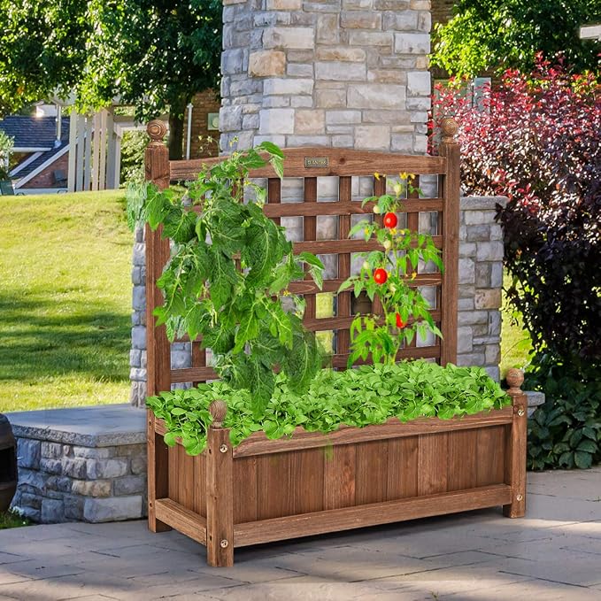 Giantex Set of 2 Wood Planter Free Standing Plant Raised Bed with Trellis for Garden or Yard (25" Lx11 Wx30 H)
