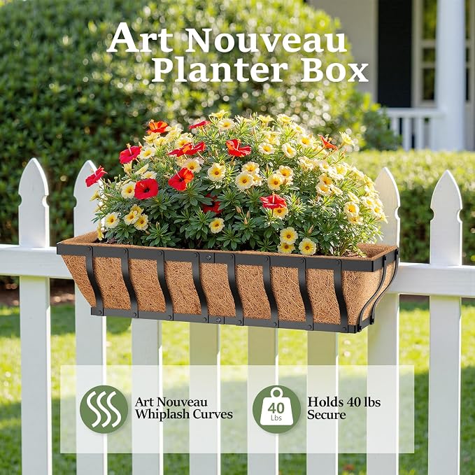 VOXOR Railing Planter Boxes, Heavy Duty Window Box Planters, Adjustable Balcony Planters for Railing Hanging, with Coco Liner for Deck, Porch, and Patio Gardening (3 Pack, 30 Inch)