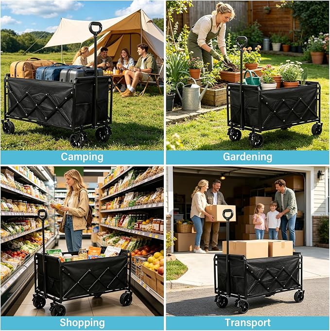 Collapsible Wagon Cart with All-Terrain Wheels - Folding Utility 500LBS Heavy Duty Wagons Carts for Grocery Sports Garden Shopping Camping Fishing (Black, 220L)