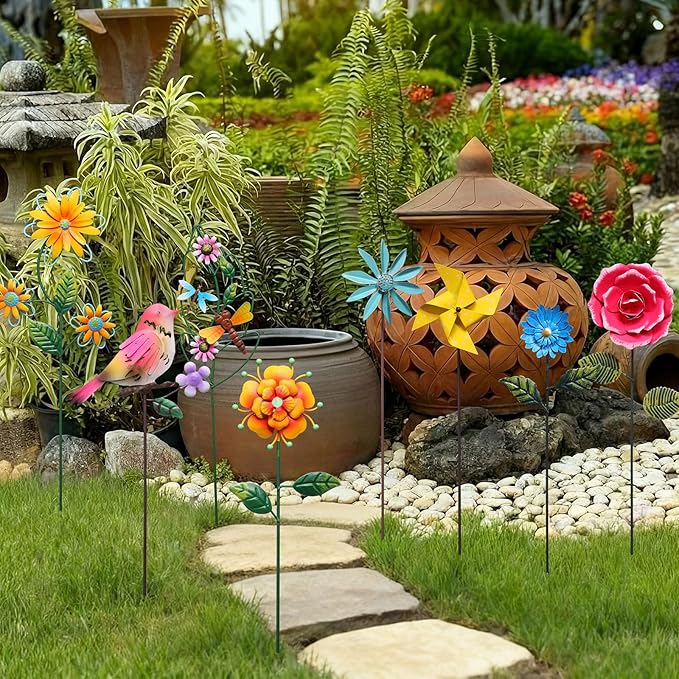 8 Pcs Metal Flower Garden Stake for Outside Outdoor 14" 5D Summer Wildflowers Metal Sign Waterproof Decoration Bird Dragonfly Windmill Landscape Ornament for Lawn Yard Garden Patio Porch Art