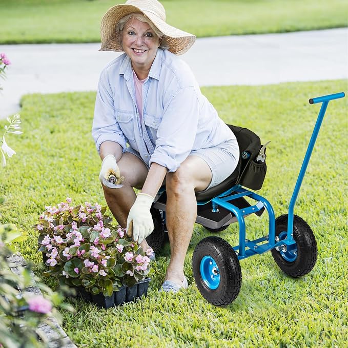 Giantex Garden Cart, Rolling Workseat with 4 Wheels, Tool Tray, Removable Cushion, Storage Basket, 2 Handles, Adjustable Height & 360 Swivel Work Seat, Gardening Stool for Patio Lawn (Blue & Black)