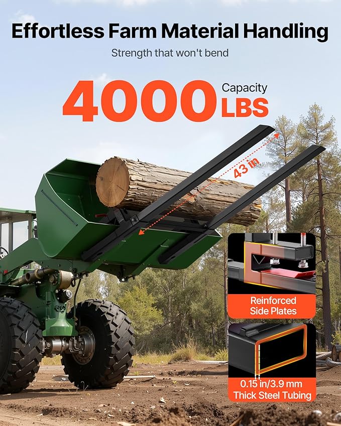VEVOR Pallet Forks, 4000 lbs Clamp on Pallet Forks, 60-Inch Total Length Heavy-Duty Tractor Fork with Adjustable Stabilizer Bar for Tractor Attachments, Loader Bucket, and Skid Steer, Black